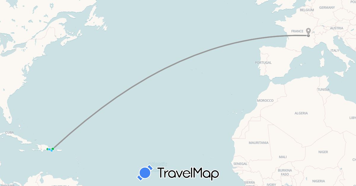 TravelMap itinerary: driving, bus, plane, boat in Dominican Republic, France (Europe, North America)