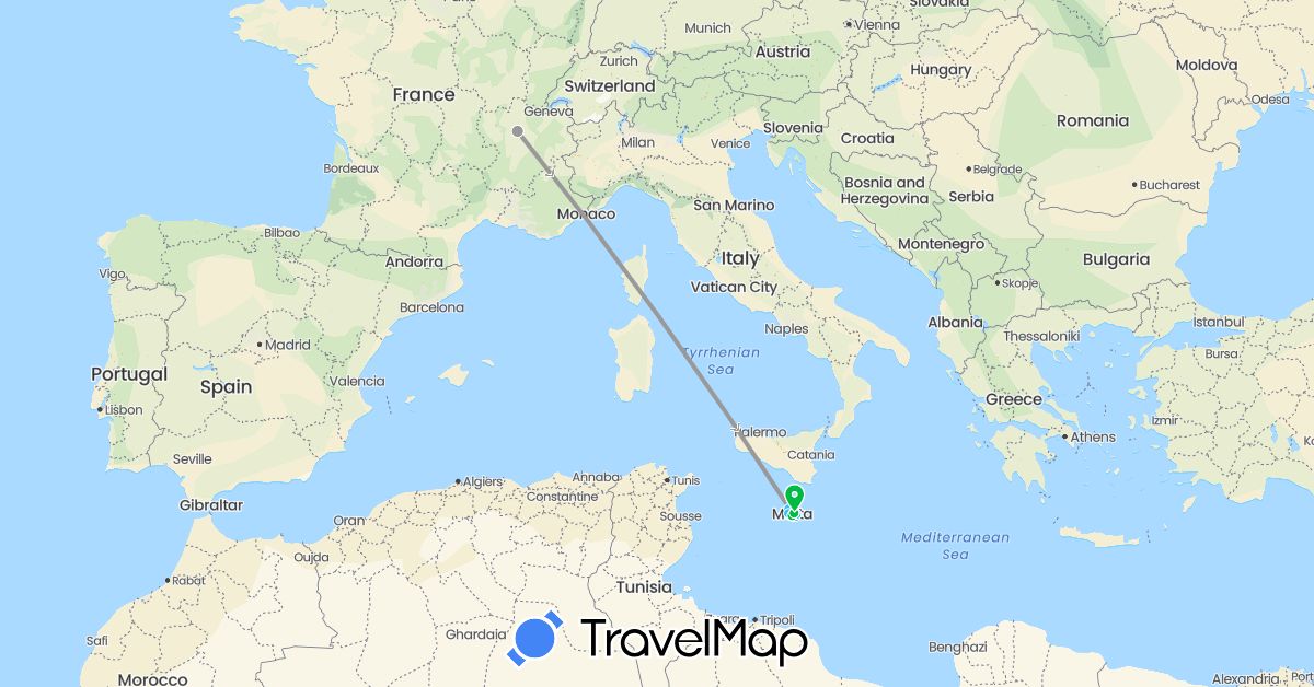 TravelMap itinerary: driving, bus, plane, hiking, boat in France, Malta (Europe)